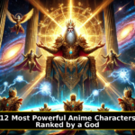 A celestial god-like figure sits on a radiant throne in space, surrounded by cosmic energy. Below him, powerful warriors stand in awe as he ranks them. A glowing text box at the bottom reads, "12 Most Powerful Anime Characters Ranked by a God." The background features a vast galaxy with swirling nebulae and golden divine symbols, creating an intense and godly atmosphere.